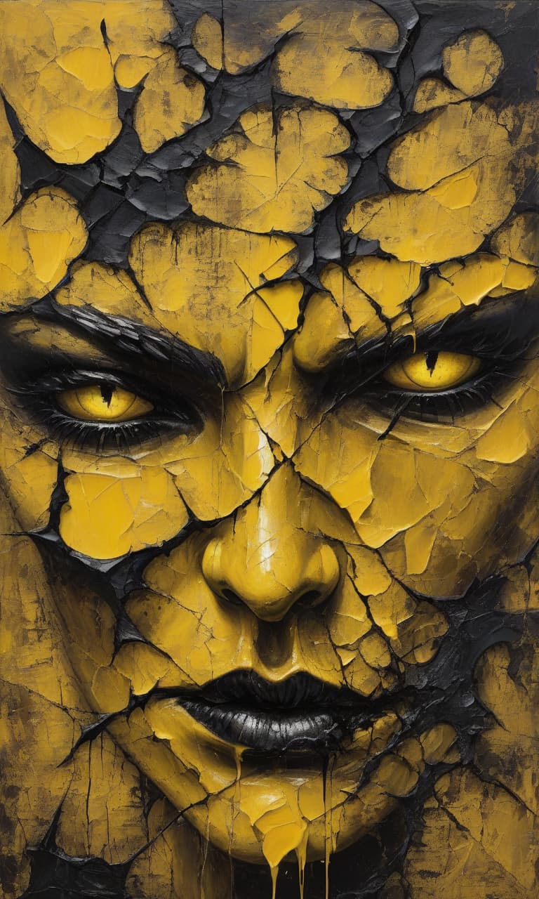  (palette knife oil painting:1.3) on (canvas:1.1), showcasing (cracked textures:1.2) with a dramatic split in half—(left side black color:1.1) and (right side yellow color:1.1). an (extremely close up view:1.2) of a (demonic face:1.3) emerges from the textures, featuring (blinded cloudy eyes:1.2) and (facial features blending seamlessly:1.1) with the (canvas textures:1.3). the (cracked demonic skin:1.3) reveals a haunting appearance, emphasizing a (dark art style:1.2) in this (surrealist portrait:1.3).