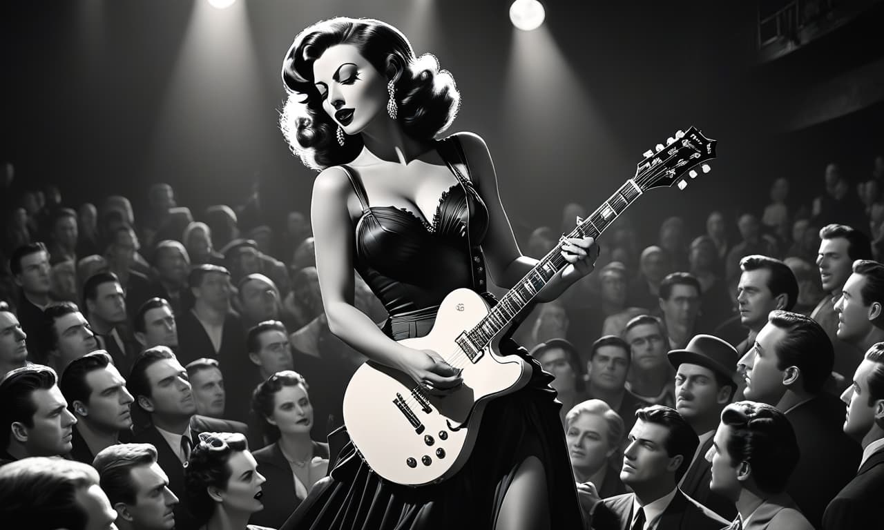  film noir style a beautiful eccentric rock diva with guitar is on a stage with a diaper in front of a crowd of fans, a vector image . monochrome, high contrast, dramatic shadows, 1940s style, mysterious, cinematic, t shirt design hyperrealistic, full body, detailed clothing, highly detailed, cinematic lighting, stunningly beautiful, intricate, sharp focus, f/1. 8, 85mm, (centered image composition), (professionally color graded), ((bright soft diffused light)), volumetric fog, trending on instagram, trending on tumblr, HDR 4K, 8K