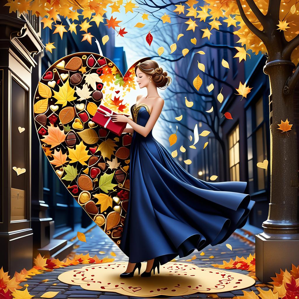  luxury product style on a carpet of yellow leaves in a simple dress of wind given crepe autumn danced a waltz boston in an alleyway. the warm day flew away and the saxophone sang hoarsely. (background of the card): falling autumn leaves, a whirlwind of autumn leaves, wind saxophone, ((a box of chocolates, the inscription "autumn waltz")) , a greeting card. (heart), a beautiful figure made of contours in the shape of a heart. (heart colour): night sky background, stars, gold pattern. (style):fantasy, autumn art, autumn romance. (colours):gold, green gold, navy blue, red, red gold, brown gold, silver, golden blue, bluish blue, dark blue on gold . elegant, sophisticated, high end, luxurious, professional, highly detailed