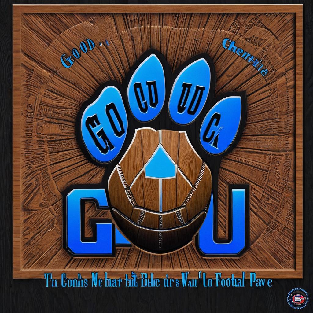  picture that says good luck with a football on it and a cougar paw blue letters black background, award winning, professional, highly detailed, masterpiece