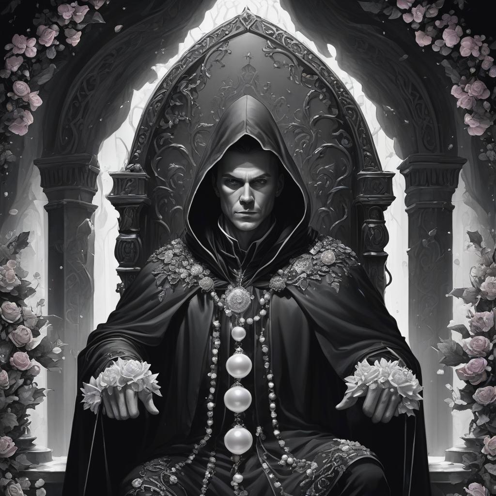  judge on the throne. black dungeon. a man in a cloak and hood. the man in the grotto. coloring book. flowers. two colors: black, white. pearls. some multicolored porridge. luminous pearls.