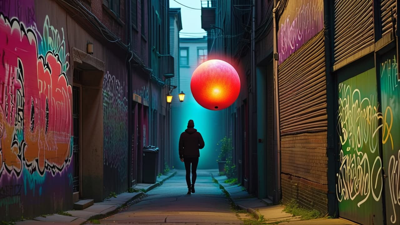  a shadowy figure lurks in a dimly lit alley, smartphone in hand, capturing a mysterious glowing orb above a graffiti covered wall, as startled onlookers gasp in disbelief, embodying the essence of a modern urban legend. hyperrealistic, full body, detailed clothing, highly detailed, cinematic lighting, stunningly beautiful, intricate, sharp focus, f/1. 8, 85mm, (centered image composition), (professionally color graded), ((bright soft diffused light)), volumetric fog, trending on instagram, trending on tumblr, HDR 4K, 8K