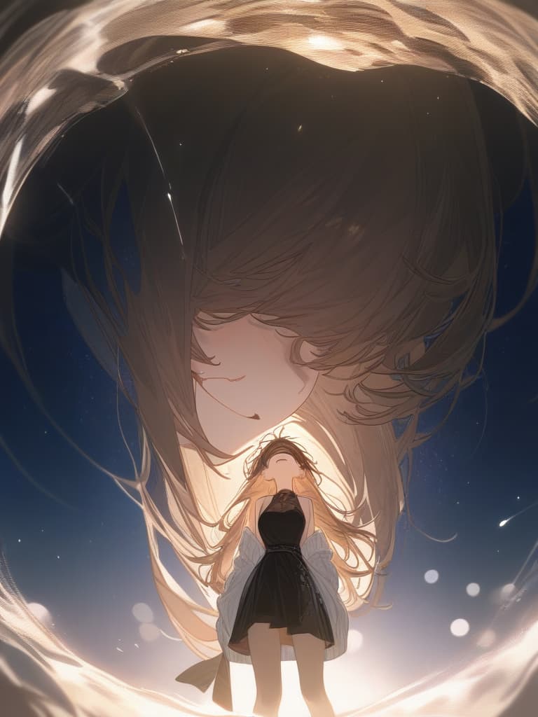  a girl laughing at me, bright brown hair, long hair, transparent ephemeral, black sleeveless dress, white cardigan, whole body facing in front, laughing, laughing, starry sky under the whole body, facing here, masterpiece, best quality,8k,ultra detailed,high resolution,an extremely delicate and beautiful,hyper detail