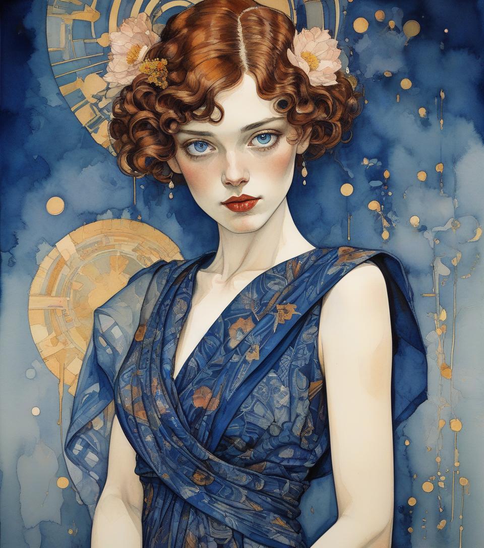  portrait of a beautiful sensual woman in elegant floreal dress in art deco by annigoni, egon schiele, milo manara, botticelli, catrin welz stein, jean metzinger, klimt, perfect eyes, perfect handsface, highly detailed, complementary colors, hyper detailed. watercolor and ink splatter, dynamic pose, dark blue background , watercolor, trending on artstation, sharp focus, studio photo, intricate details, highly detailed, by greg rutkowski, watercolor, trending on artstation, sharp focus, studio photo, intricate details, highly detailed, by greg rutkowski