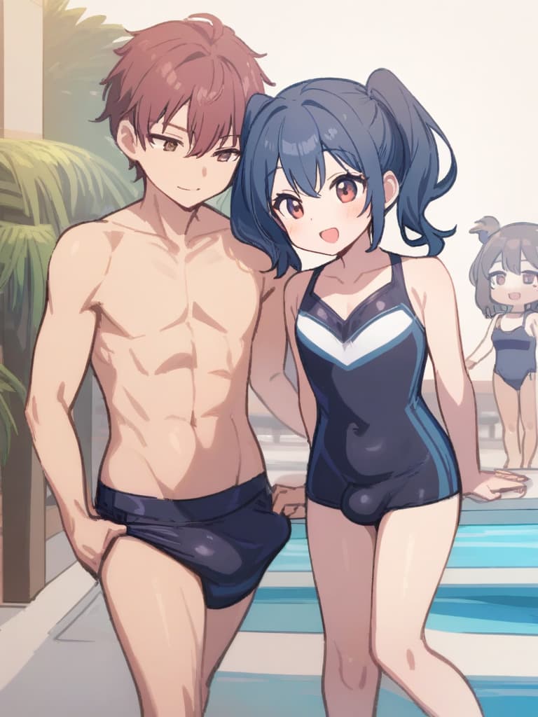  women's elementary students (with male), twin tails, cute smiles, rich s, short stature, dark blue swimwear, old swimwear, swimwear, simple, (swelling), upward, (bulge), front, whole body, pool side,