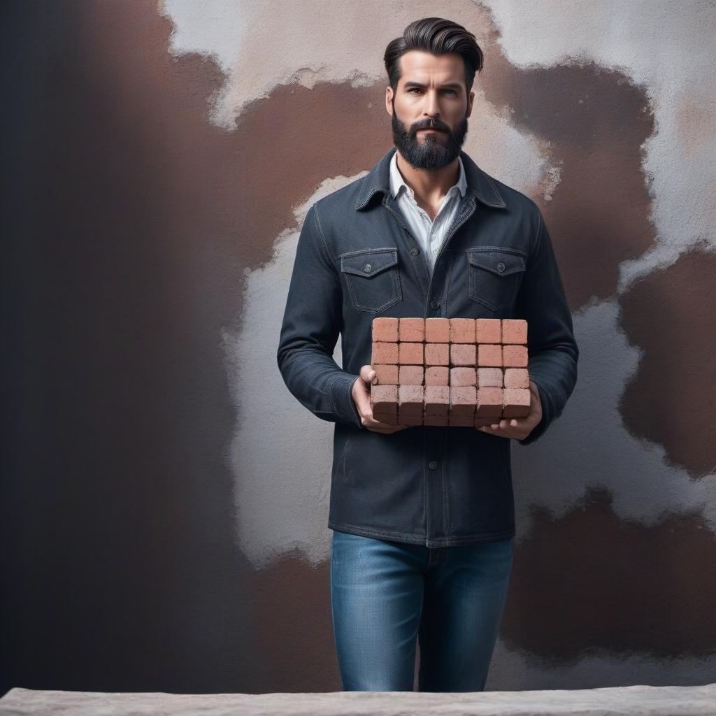  A man holds a brick The artifact hyperrealistic, full body, detailed clothing, highly detailed, cinematic lighting, stunningly beautiful, intricate, sharp focus, f/1. 8, 85mm, (centered image composition), (professionally color graded), ((bright soft diffused light)), volumetric fog, trending on instagram, trending on tumblr, HDR 4K, 8K