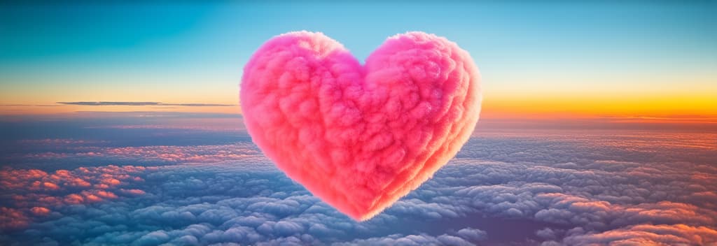  professional detailed photography, three dimensional photo ((((huge pink cotton heart ))))) soaring above the clouds against the background of the evening sunset. free space for text ar 3:1, (muted colors, dim colors, soothing tones), (vsco:0.3)