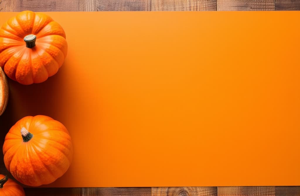  food gourmet photography style, top view of pumpkins and pumpkin spice lattes on orange background with copy space ar 3:2, appetizing, professional, culinary, high resolution, commercial, highly detailed ,soft natural lighting, macro details, vibrant colors, fresh ingredients, glistening textures, bokeh background, styled plating, wooden tabletop, garnished, tantalizing, editorial quality