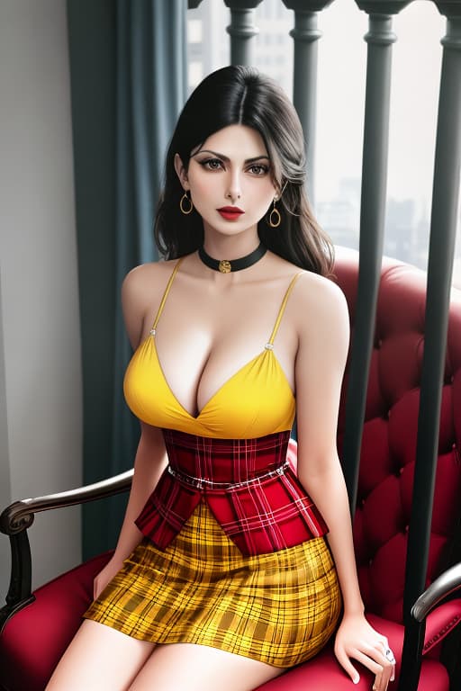 Morena Baccarin, carmine red lips, dark makeup, yellow suit, yellow tartan, short skirt, slit skirt, suspender belt, medium breasts, deep cleavage, no bra, armchair, Manhattan balcony, front view hyperrealistic, full body, detailed clothing, highly detailed, cinematic lighting, stunningly beautiful, intricate, sharp focus, f/1. 8, 85mm, (centered image composition), (professionally color graded), ((bright soft diffused light)), volumetric fog, trending on instagram, trending on tumblr, HDR 4K, 8K