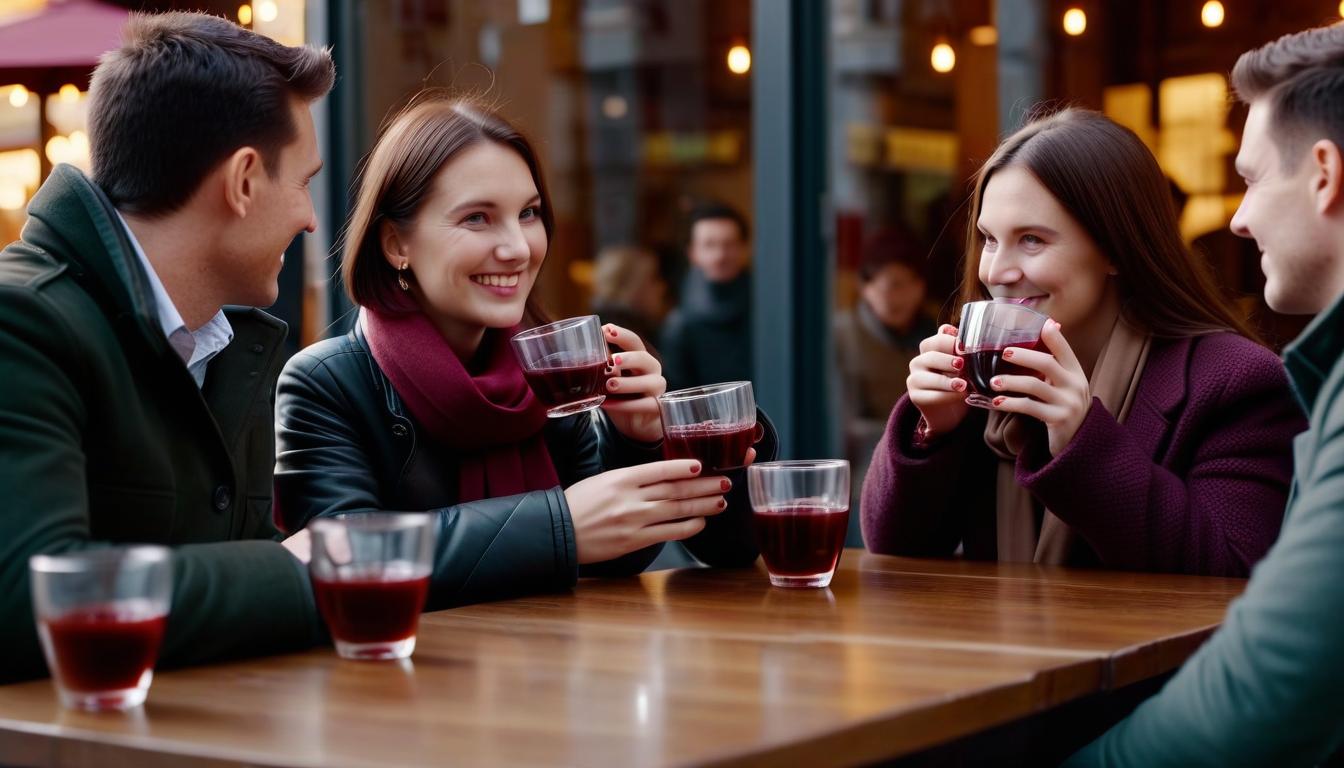  cinematic photo photographic image, autumn, friends: three 3 men aged 40 and 3 three women in a cozy cafe, they are cold, drinking hot mulled wine from glass cups, and talking, image detailing . 35mm photograph, film, bokeh, professional, 4k, highly detailed, perfect hands