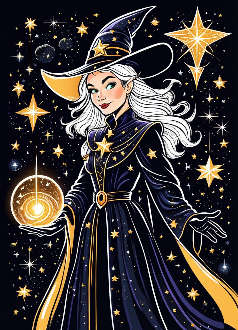  a humorous illustration. bright colors, cartoon style. on the black background, shiny contours outlines of a good witch in a robe with stars, in a pointed hat with stars, black gloves, frame with intricate thin ornamentation from comet, stars and cosmic dust: (thin: 1,4) lines,