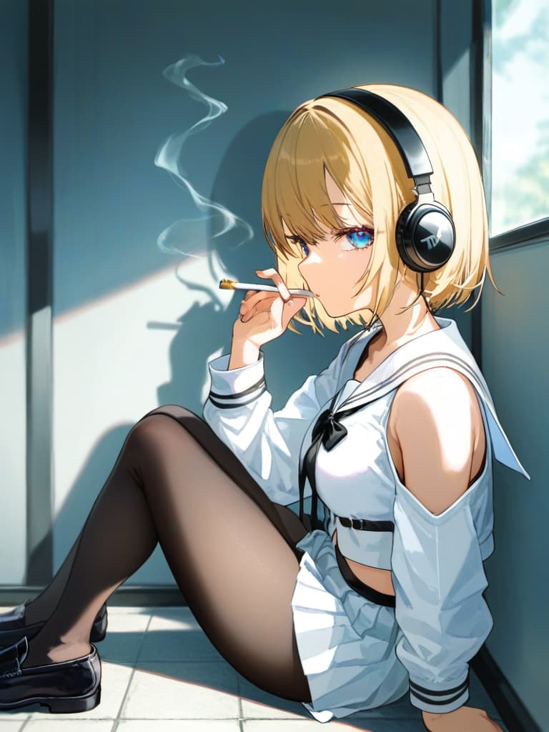  s wearing black tights, headphones, black loafers, whole body, with blue eyes, s with blonde bob cut, white pleated , white sailor suit, tobacco, with purple rose on the left . a , a smoking a cigarette, a spider web on the left arm, masterpiece, best quality,8k,ultra detailed,high resolution,an extremely delicate and beautiful,hyper detail