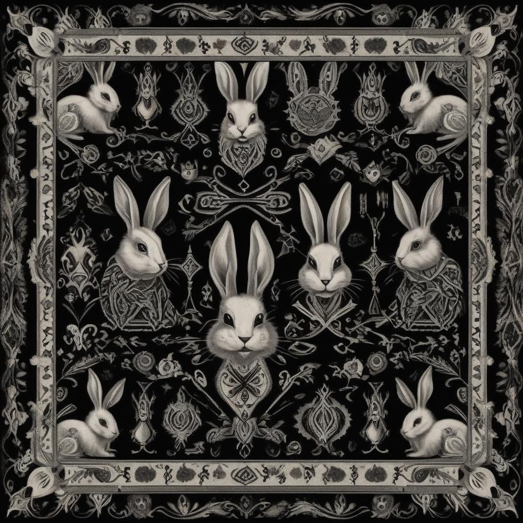  macabre style patterned carpet cover rabbits tattto symmetry . dark, gothic, grim, haunting, highly detailed