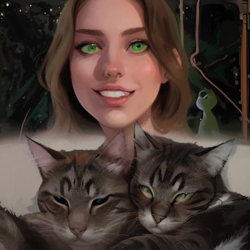  two cats, a girl with green eyes, music, space