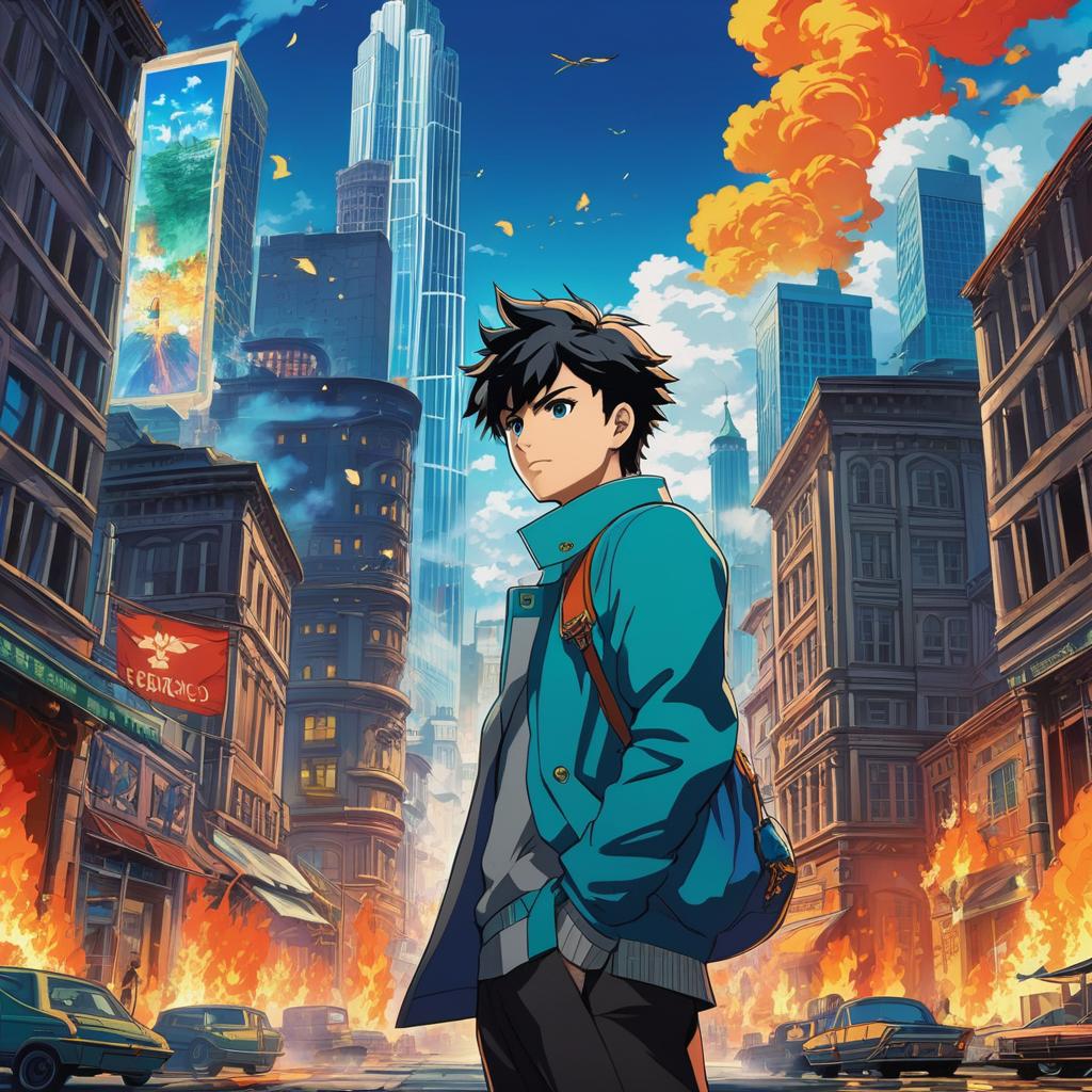  the character is in a vein of money. amidst a burning city at the bottom is the hermes graphic, anime artwork, anime style, key visual, vibrant, studio anime, highly detailed