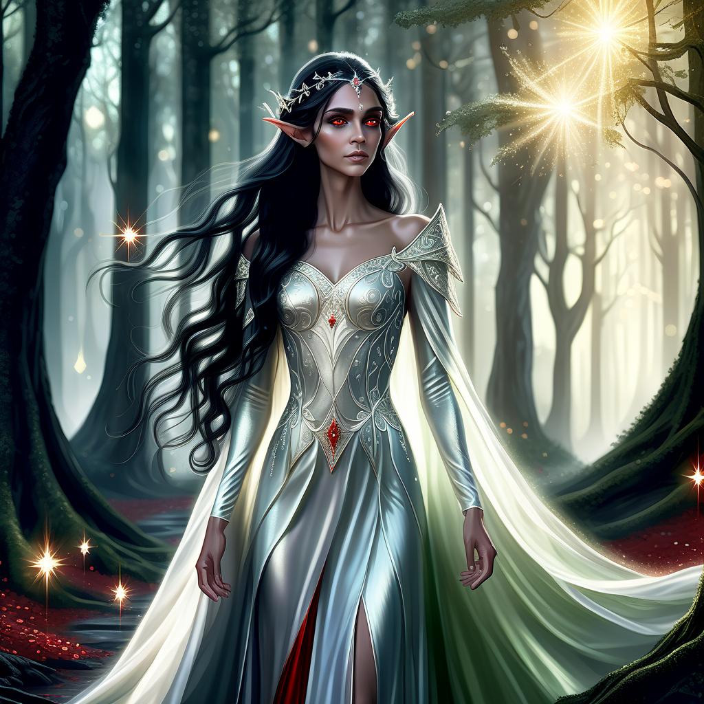  concept art elf wearing a gown with sparkling details with a white glow and shining long wavy detailed hairs, black hair, fairy forest, red eyes, realistic . digital artwork, illustrative, painterly, matte painting, highly detailed