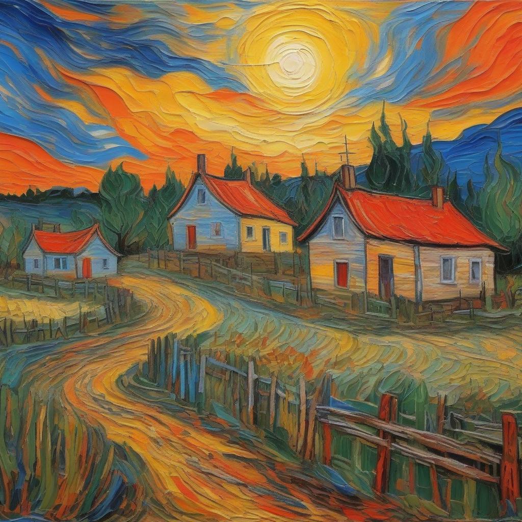  expressionist a van gogh painting.. village. wooden houses. sunset over the forest. . bright. traces of old relief paint. . raw, emotional, dynamic, distortion for emotional effect, vibrant, use of unusual colors, detailed