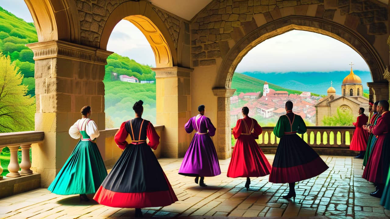  a vibrant scene of traditional georgian dancers in colorful costumes performing at an outdoor festival, surrounded by ancient stone churches, lush green hills, and tables laden with local cuisine and wine, highlighting rich cultural heritage. hyperrealistic, full body, detailed clothing, highly detailed, cinematic lighting, stunningly beautiful, intricate, sharp focus, f/1. 8, 85mm, (centered image composition), (professionally color graded), ((bright soft diffused light)), volumetric fog, trending on instagram, trending on tumblr, HDR 4K, 8K