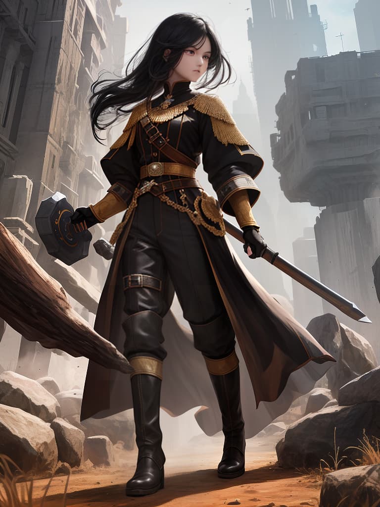  giants' world, black hair center part, the strongest mankind, brown clothes, crisp white pants, black boots, shortcuts, and crisp eyes, masterpiece, best quality,8k,ultra detailed,high resolution,an extremely delicate and beautiful,hyper detail