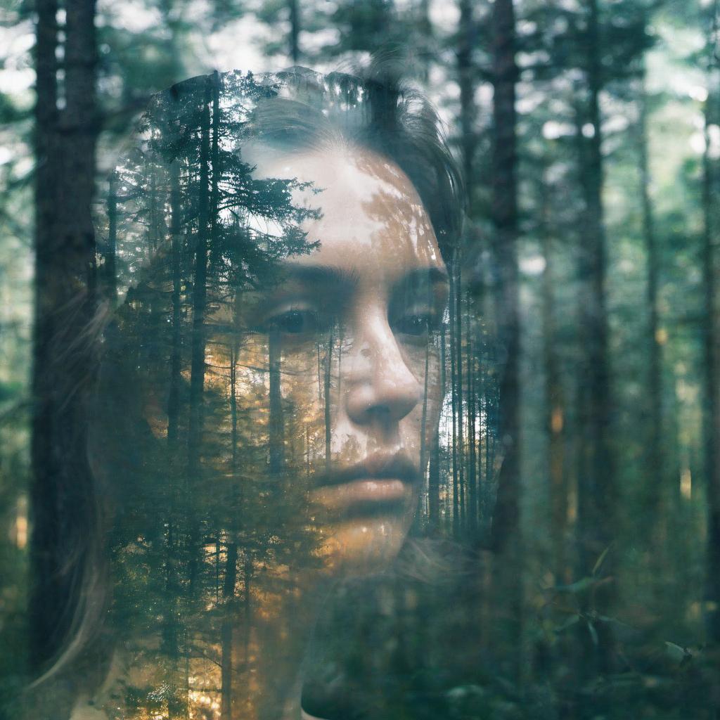  the woman's face and the forest. double exposure, film photography style