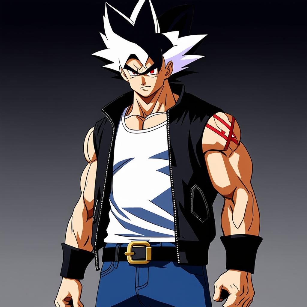  he is a half saiyan, half demon caucasian male with medium long spiky black hair that fades to white. his eyes are a scarlet hue with black pupils. he has a muscular build and an x shaped scar on his right shoulder. he wears a white tank top under a sleeveless black jacket, blue jeans with a gold belt buckle, and black and gold steel toe boots.