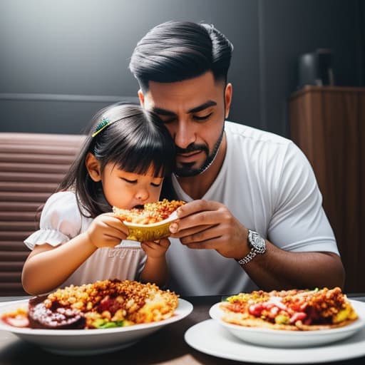  father and girl eating challenge hyperrealistic, full body, detailed clothing, highly detailed, cinematic lighting, stunningly beautiful, intricate, sharp focus, f/1. 8, 85mm, (centered image composition), (professionally color graded), ((bright soft diffused light)), volumetric fog, trending on instagram, trending on tumblr, HDR 4K, 8K