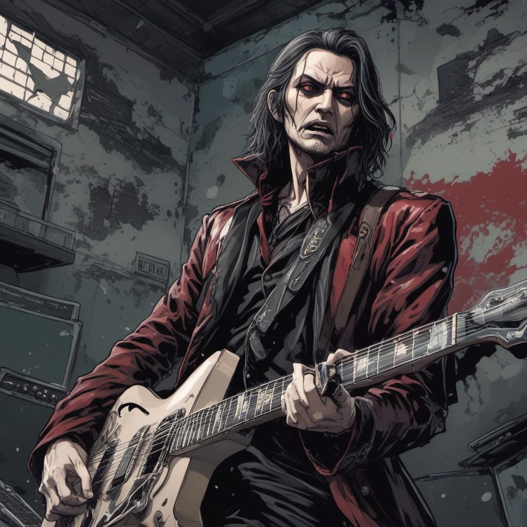  un vampire guitare hero dans un hôpital abandonné , comic style, manga and manhwa style, painting style