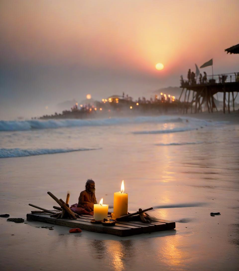  middle plan, on the beach on the sand, there are several boards of sadhu (for nails), next to the smoke of bragovonia and beautiful candles burn, against the background of the sea with a beautiful sunset, but this background has a cinematic blur, film photography style