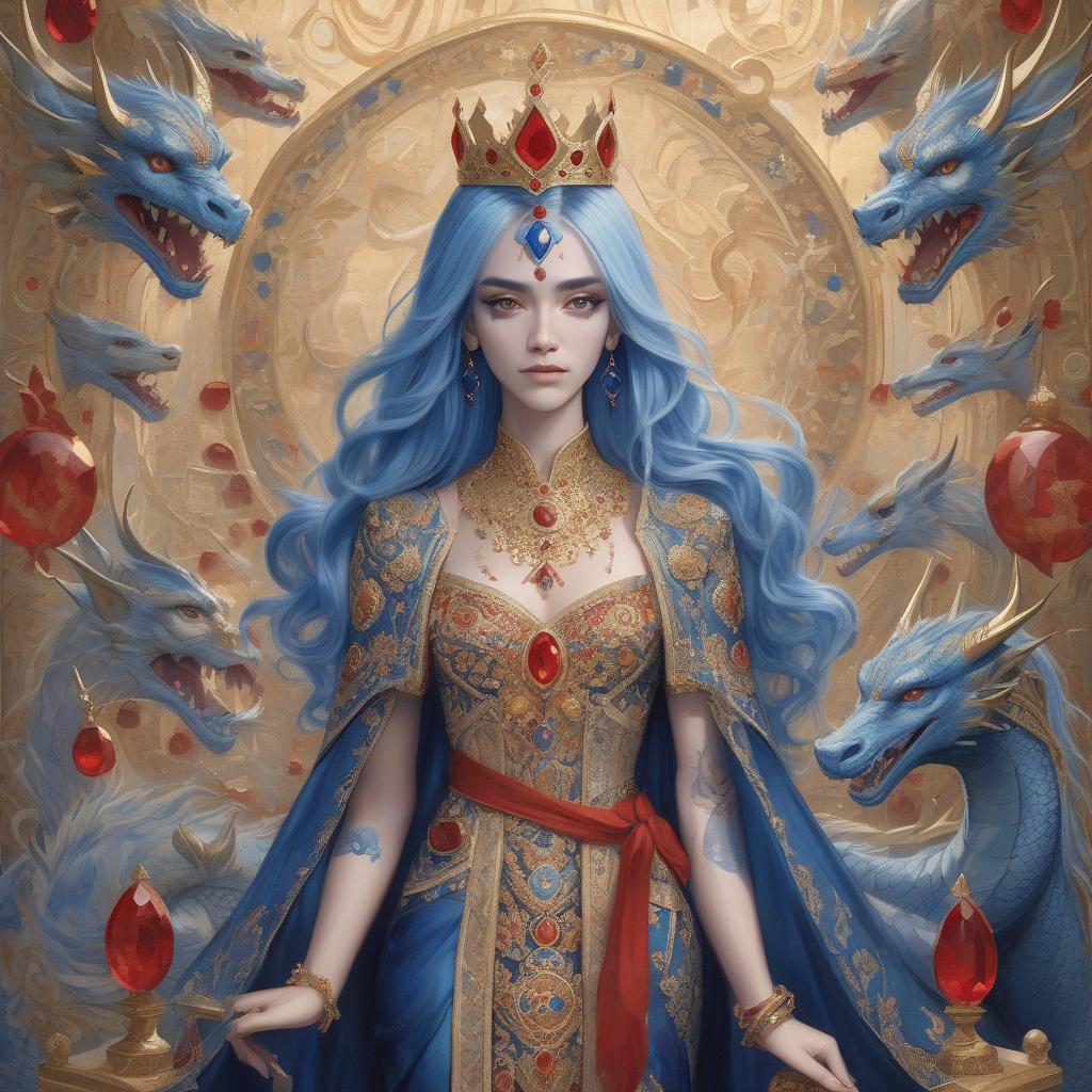  a detailed illustration of a woman with blue hair, a golden crown adorned with red and blue gems, and richly embroidered clothing. enhance this picture, and show a dragon sign on it