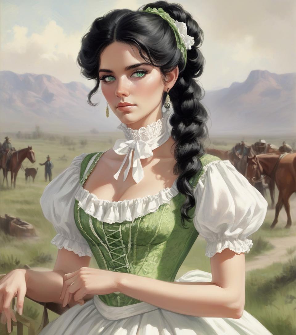  1875, southern lady, black hair, green eyes, feminine dress, wild west, wears her hair tied up, white victorian dress