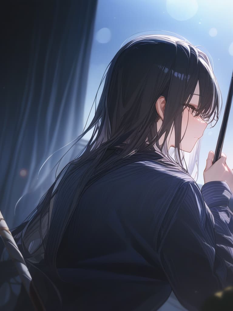  a black haired girl with a magic cane, masterpiece, best quality,8k,ultra detailed,high resolution,an extremely delicate and beautiful,hyper detail