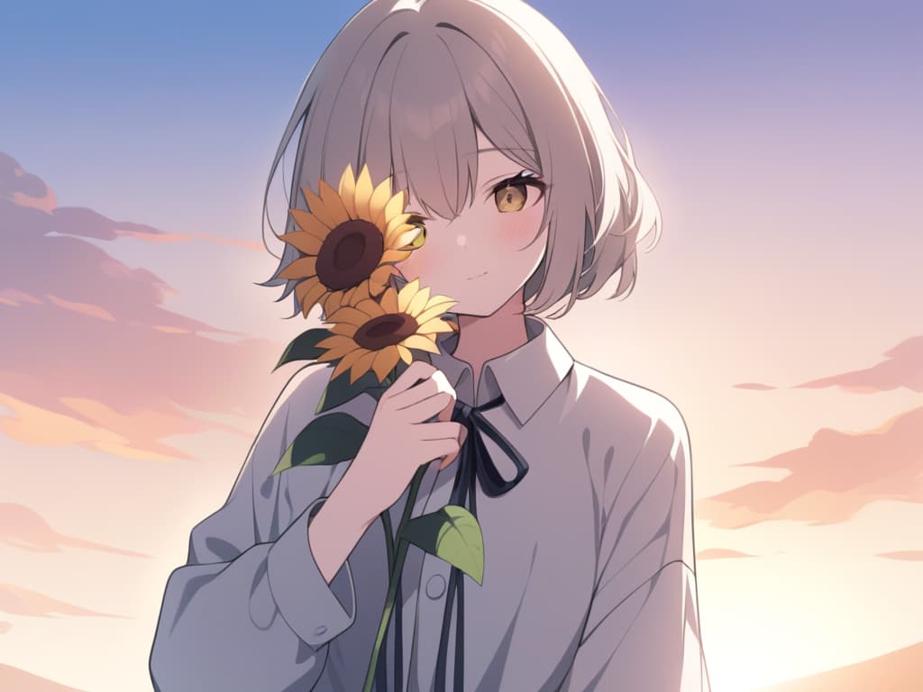  "create an illustration of a girl holding a sunflower while covering one of her eyes with the sunflower. the setting should be during sunset,with warm,golden hues in the background. the girl should have a gentle,serene expression,and her outfit can be casual and light to match the relaxed atmosphere of the evening."