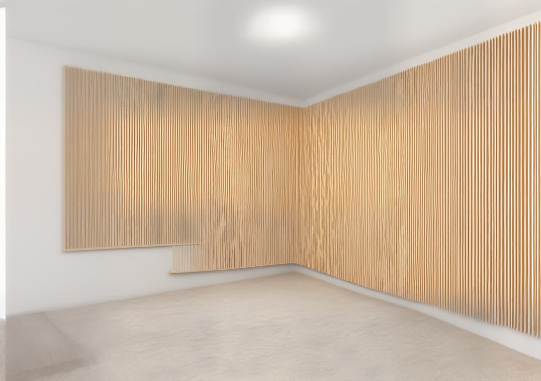 mdjrny-v4 style image of a wooden slat wall panel. the panel is made of light colored wood, possibly oak, and features vertical slats with equal spacing between them. the slats are thin, elongated, and evenly distributed, creating a uniform pattern. the top of the panel is bordered by a smooth, flat piece of wood that runs vertcaly