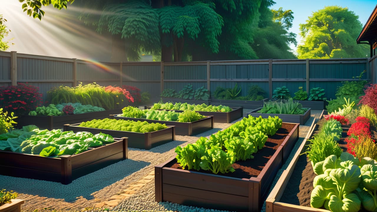  a lush, well organized vegetable garden featuring raised beds, vibrant green plants, colorful vegetables, and pathways of gravel, surrounded by a wooden fence under a bright blue sky, with sunlight filtering through leafy trees. hyperrealistic, full body, detailed clothing, highly detailed, cinematic lighting, stunningly beautiful, intricate, sharp focus, f/1. 8, 85mm, (centered image composition), (professionally color graded), ((bright soft diffused light)), volumetric fog, trending on instagram, trending on tumblr, HDR 4K, 8K