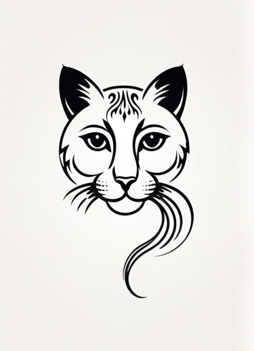  minimalist style the image is graphic, black and white. minimalism. distant plan. strict vertical composition. sketch of a tattoo. decorative stylised outline of the left (half) head of a cat. image of thin of curls and ornament, strokes and dots, black line on white background. curved, wavy. grace. art deco style. picasso, gaudi, matisse. . simple, clean, uncluttered, modern, elegant, logo