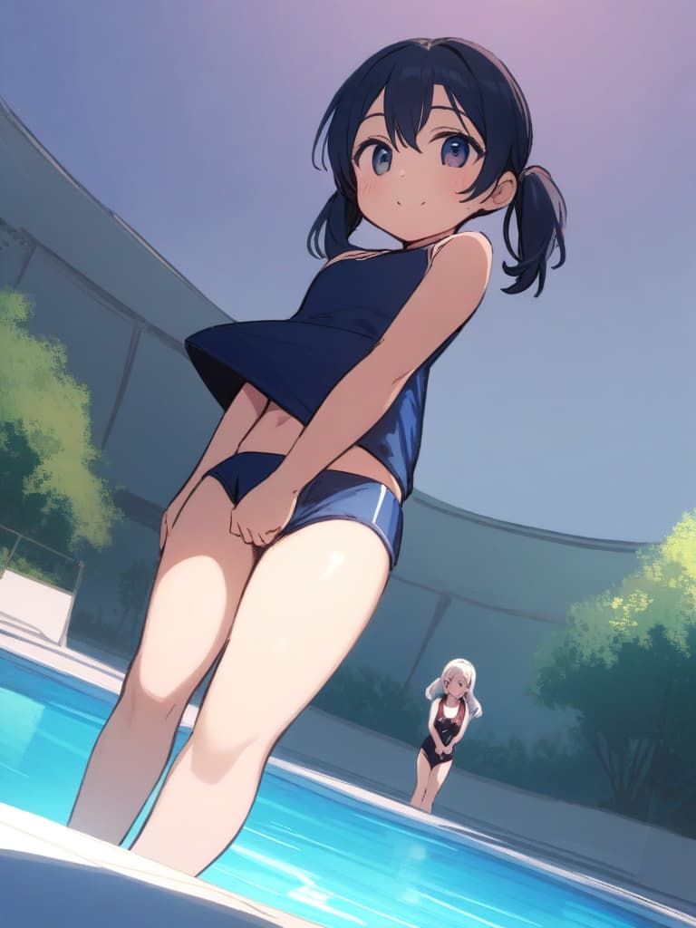  women's elementary students (male), twin tails, cute smiles, (rich s), short stature, dark blue swimwear, old swimwear, swimwear, simple, (upward), upward, (bulge), front, whole body, pool side ,,,