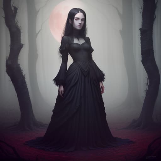  a girl in the waist. stands by the tree. looking forward. in a black dress. red moon. the forest is bluish below, dark , creepy , blood , monsters , by jason engle , carlos huante , charlie bowater , simon lee , brom