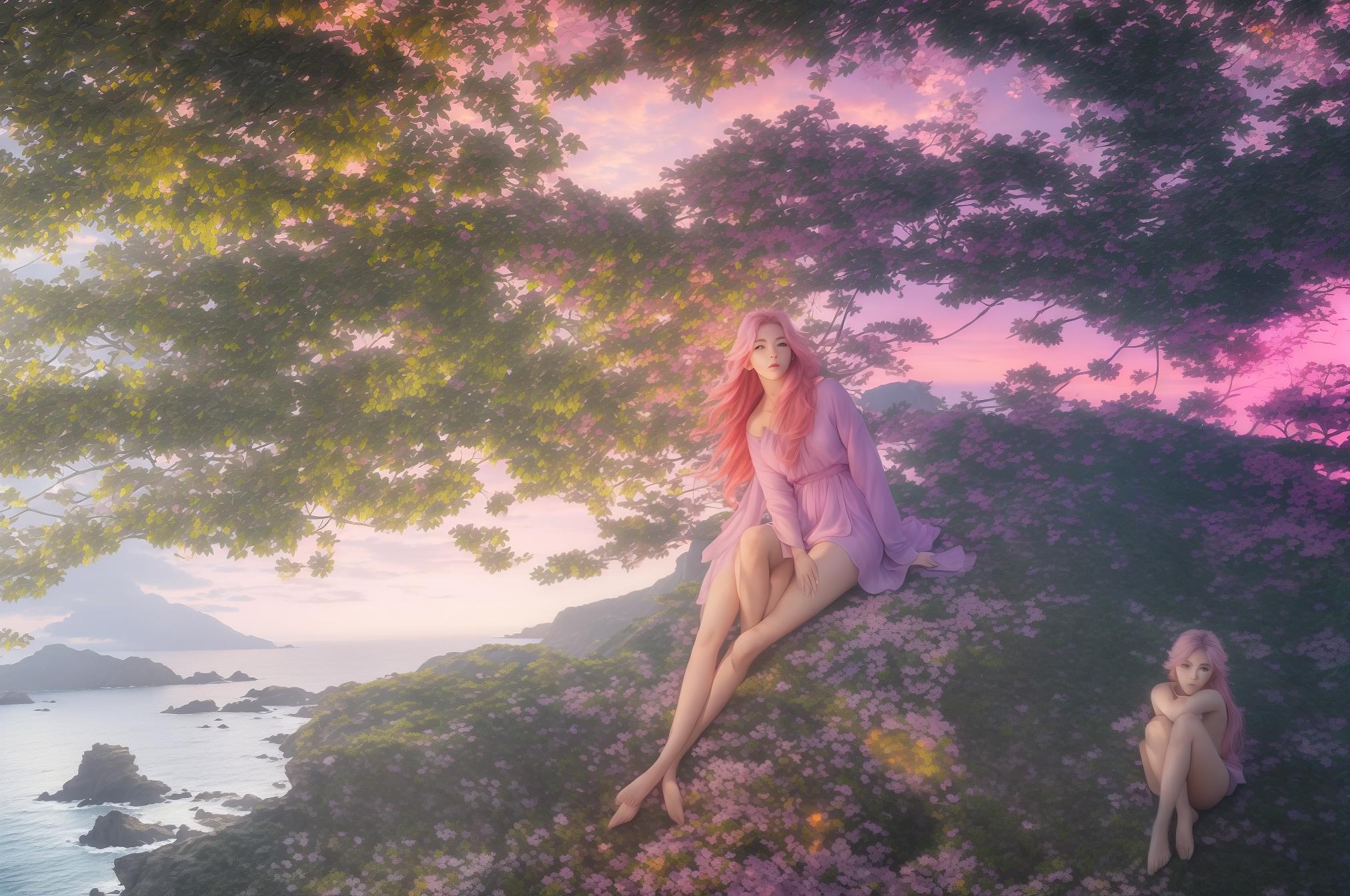  masterpiece, best quality, a naked girl sitting on a rocky cliff overlooking a vast, shimmering ocean at sunset. the sky is painted in hues of pink, orange, and purple, casting a warm, romantic glow over the scene. she gazes out at the horizon with a sense of longing and contemplation, the wind gently tousling her hair. this image is rendered in a realistic, detailed style, resembling a digital painting with rich textures and colors. the lighting is dramatic and evocative, emphasizing the beauty and drama of the moment. realized using digital painting software with advanced rendering techniques to create a lifelike, immersive experience.