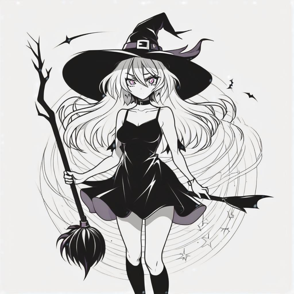  line art drawing witch, t shirt and short dress, same nightmare. anime style . professional, sleek, modern, minimalist, graphic, line art, vector graphics