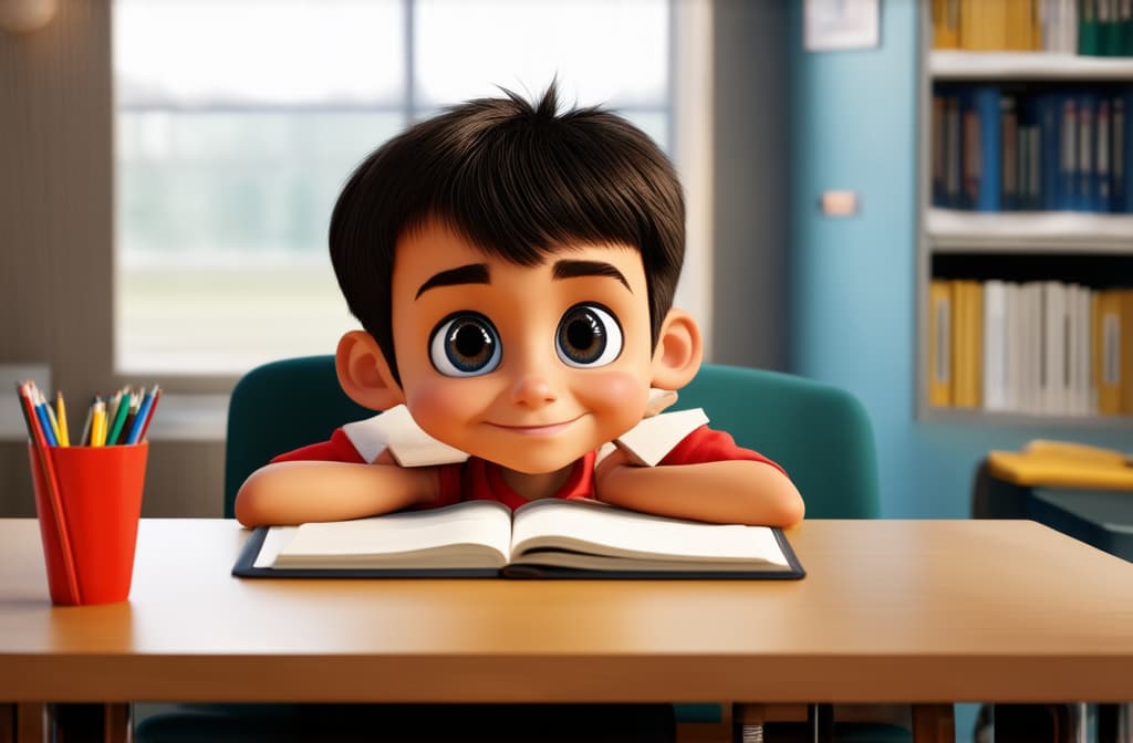  big head, big eyes, caricature, a caricature, rendering, (figurativism:0.8), a primary school child sits at a table in front of a notebook and holds his head, tired of studying ar 3:2, epic realistic, pixar style, disney, (cycles render:1.3), caustics, (glossy:0.58), (artstation:0.2), cute