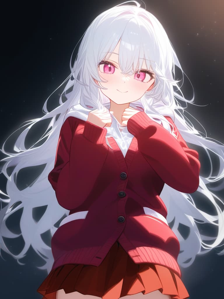  cute face focus,cute,white hair,pink eyes,cute posing,cardigan,pleats skirt ,long hair,