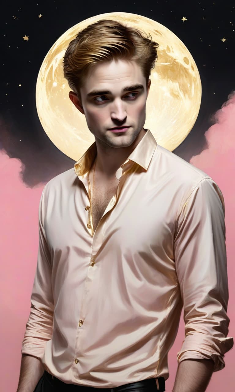  concept art pink, gold, black, white moonlight robert pattinson to the waist in a gold shirt behind . digital artwork, illustrative, painterly, matte painting, highly detailed, perfect hands