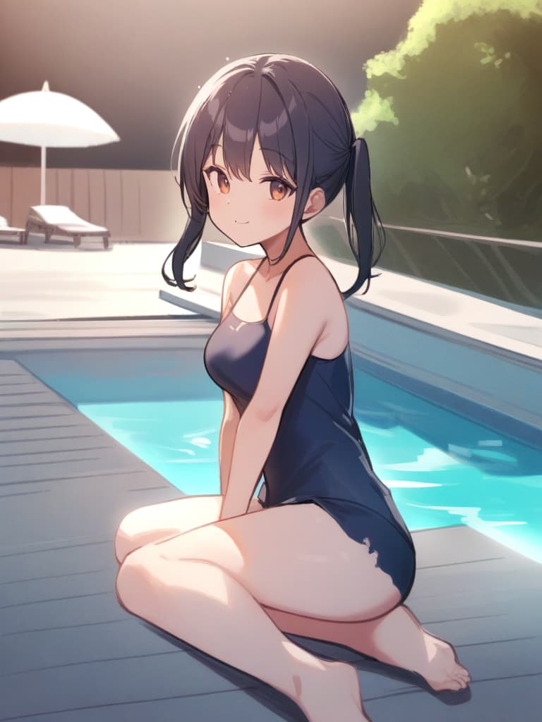  women's elementary students, twin tails, cute smiles, rich s, low stature, dark blue swimwear, old swimwear, swimwear, simple, male, shaped pulp, shaped clear philosophy, shaped clear man, front, front, whole body , poolside,