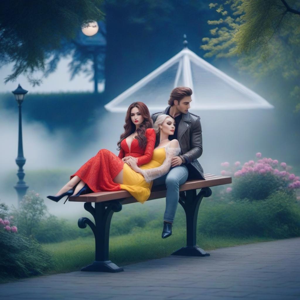  There are a couple of lovers on the bench hyperrealistic, full body, detailed clothing, highly detailed, cinematic lighting, stunningly beautiful, intricate, sharp focus, f/1. 8, 85mm, (centered image composition), (professionally color graded), ((bright soft diffused light)), volumetric fog, trending on instagram, trending on tumblr, HDR 4K, 8K