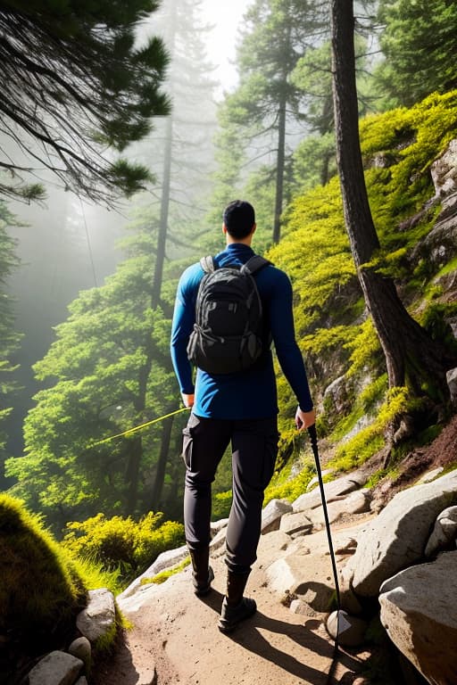  Man hiking in a mountain illustration 90s anime style hyperrealistic, full body, detailed clothing, highly detailed, cinematic lighting, stunningly beautiful, intricate, sharp focus, f/1. 8, 85mm, (centered image composition), (professionally color graded), ((bright soft diffused light)), volumetric fog, trending on instagram, trending on tumblr, HDR 4K, 8K