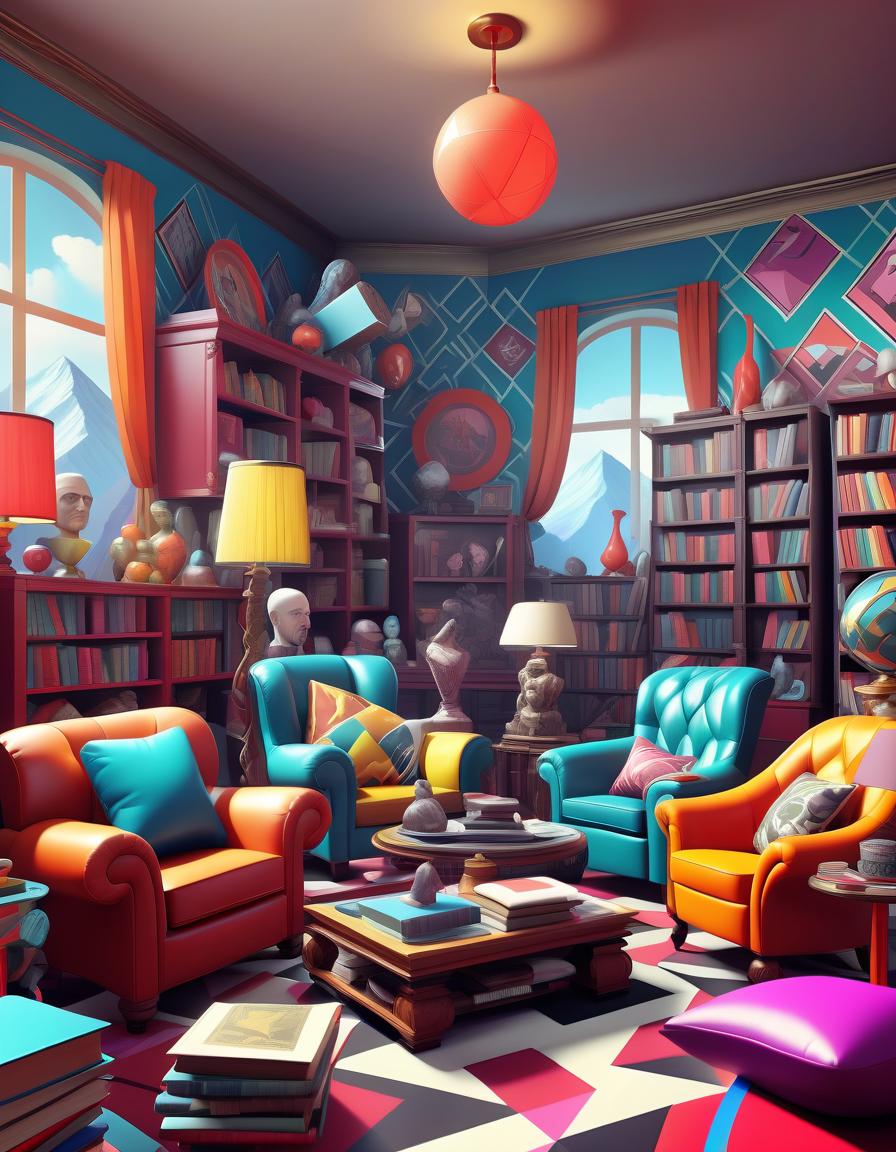  fighting game style overloaded living room: a room filled with many objects bright chairs with different patterns, walls in geometric wallpaper, paintings, mountains of books and unusual lamps. . dynamic, vibrant, action packed, detailed character design, reminiscent of fighting video games