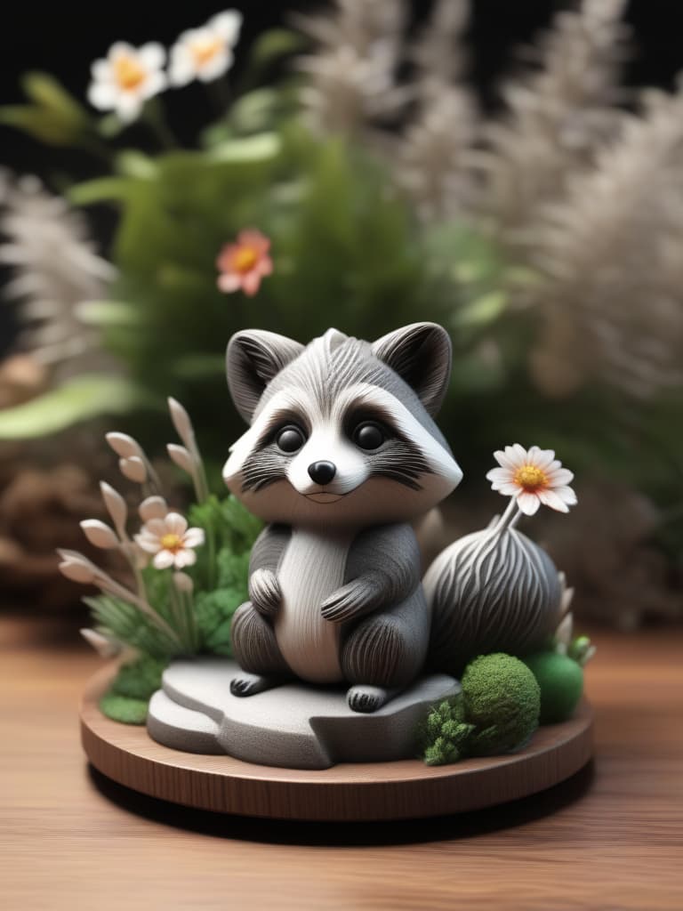  ((colorless glasswork,3d stereoscopic modeling)){limitless 3d stereoscopic modeled colorless glasswork (cute raccoon dog,with flowers) on wooden base}ultra detailed,high resolution,absurd,adopted,3d,