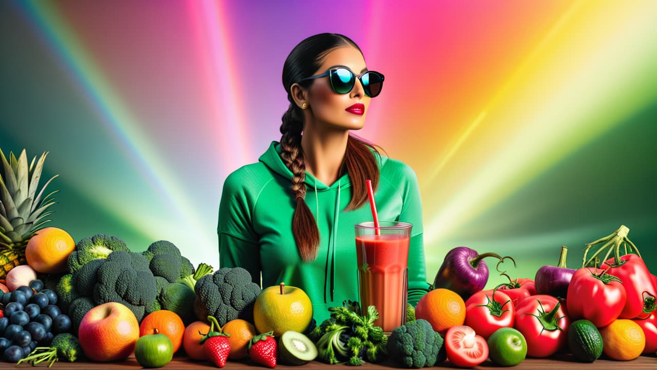  a vibrant array of fresh fruits and vegetables arranged in a rainbow spectrum, with glowing skin and a glowing aura surrounding a person enjoying a colorful smoothie, symbolizing vitality and health. hyperrealistic, full body, detailed clothing, highly detailed, cinematic lighting, stunningly beautiful, intricate, sharp focus, f/1. 8, 85mm, (centered image composition), (professionally color graded), ((bright soft diffused light)), volumetric fog, trending on instagram, trending on tumblr, HDR 4K, 8K