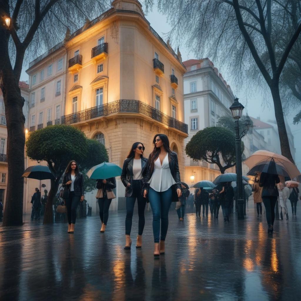  Beautiful urban landscape, streets of Lisbon, rain, reflections in puddles hyperrealistic, full body, detailed clothing, highly detailed, cinematic lighting, stunningly beautiful, intricate, sharp focus, f/1. 8, 85mm, (centered image composition), (professionally color graded), ((bright soft diffused light)), volumetric fog, trending on instagram, trending on tumblr, HDR 4K, 8K