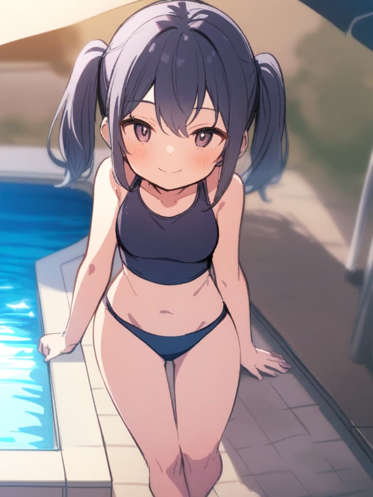  women's elementary students (male), twin tails, cute smiles, rich s, low stature, dark blue swimwear, old swimwear, swimwear, simple, male (bulging), front, whole body, pool side,